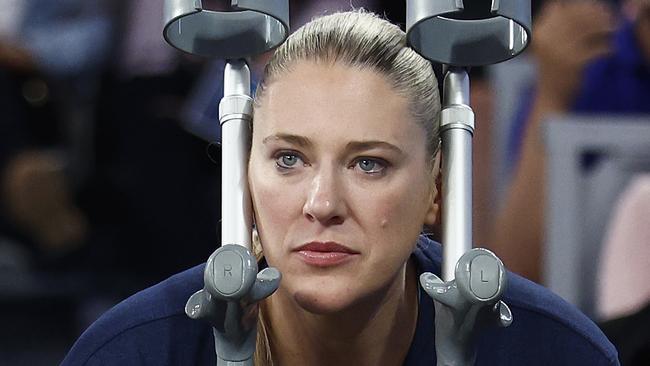 Lauren Jackson looks on from the bench after playing only 61 seconds at John Cain Arena. Picture: Daniel Pockett/Getty Images