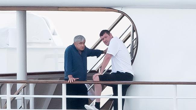 Kerry Stokes, left, with James Packer on Packer’s yacht at Antibes, France, in June 2015. Picture: BACKGRID