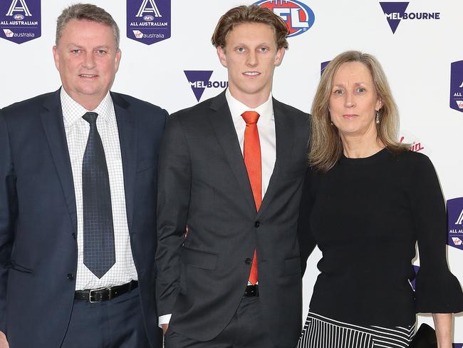 Lachie Whitfield with parents Richard and Maryanne at the All-Australian Awards. Picture: Getty Images