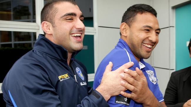 Only one should be laughing. Tim Mannah from the Parramatta Eels and Krisnan Inu from the Canterbury Bulldogs before a visit to Westmead Children's Hospital to help launch the seventh Bandaged Bear Cup.