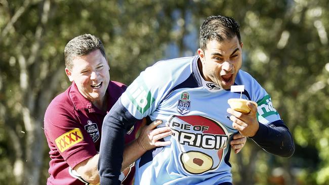 L to R: Mark Hobbs from Beefy's in Queensland and Rob Pirina from Glenorie Bakery in Sydney go head to head for Pie of Origin - a fundraising event Mr Pirina has been involved in for 20 years. Picture: John Appleyard