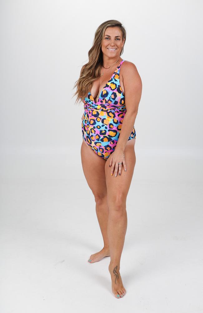 Melbourne’s Infamous Swim founder Gemma Crowe models her own pieces suited to an apple body shape. Picture: David Caird