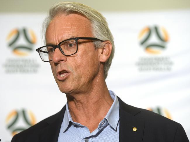 CEO of the Football Federation of Australia David Gallop address media, in Sydney, Monday, January 21, 2019. Football Federation Australia chief David Gallop has met with Matildas players to explain why Alen Stajcic was suddenly sacked as coach. (AAP Image/Jeremy Piper) NO ARCHIVING