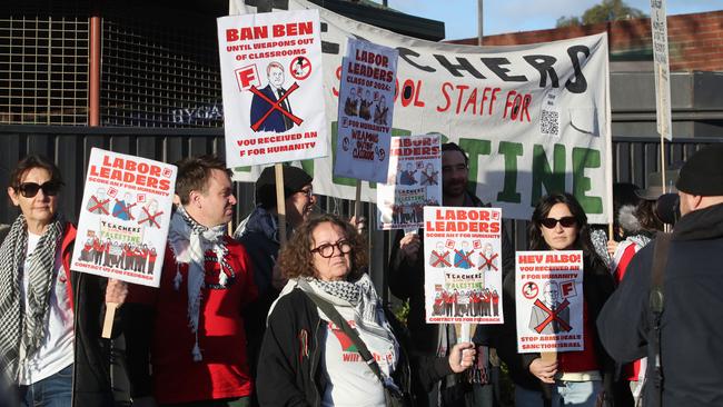 Protesters outside the Victorian Labor Party conference at Moonee Valley Racecourse. Saturday, May 18. 2024. Picture: David Crosling