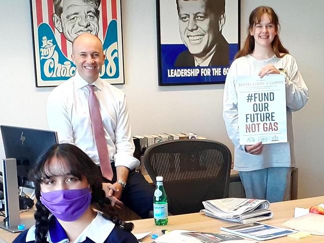 Last year Matt Kean posed with school strike climate students in his NSW Parliament office. Picture: Supplied