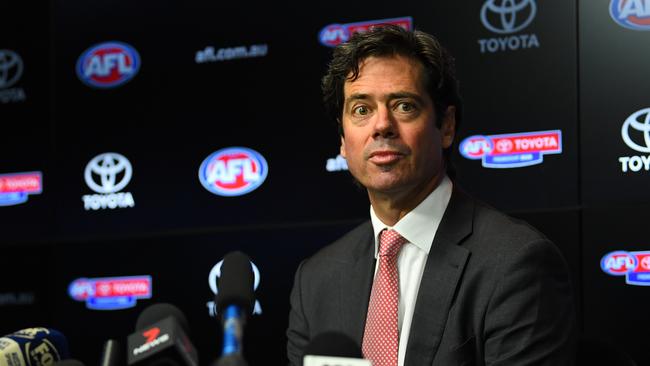 AFL CEO Gillon McLachlan addresses the media during a press conference at Marvel Stadium in Melbourne, Monday, March 16, 2020, in which he announced the 17-round season. Picture: AAP Image/James Ross.