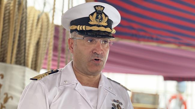 Captain Giuseppe Lai aboard the Amerigo Vespucci in Darwin, as the Italian navy training ship makes its first stop to Australia in more than 20 years. Picture: Fia Walsh.