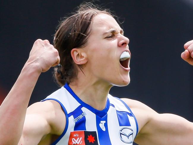 MELBOURNE, AUSTRALIA - NOVEMBER 12: Jasmine Garner of the Kangaroos celebrates a goal during the 2022 S7 AFLW First Semi Final match between the Richmond Tigers and the North Melbourne Kangaroos at Swinburne Centre on November 12, 2022 in Melbourne, Australia. (Photo by Dylan Burns/AFL Photos via Getty Images)