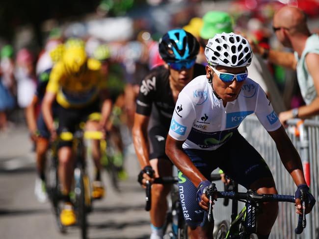 Richie Porte keeps an eye on Nairo Quintana.