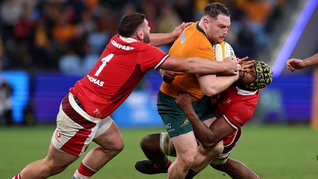 Wallabies hooker Matt Faessler takes on the Wales defence. Picture: Getty Images
