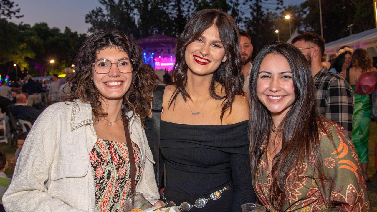 (From left) Roberta Pagani, Prue Philippa and Tainara Eugenio. Toowoomba Carnival of Flowers Festival of Food and Wine. Saturday, September 14, 2024. Picture: Nev Madsen