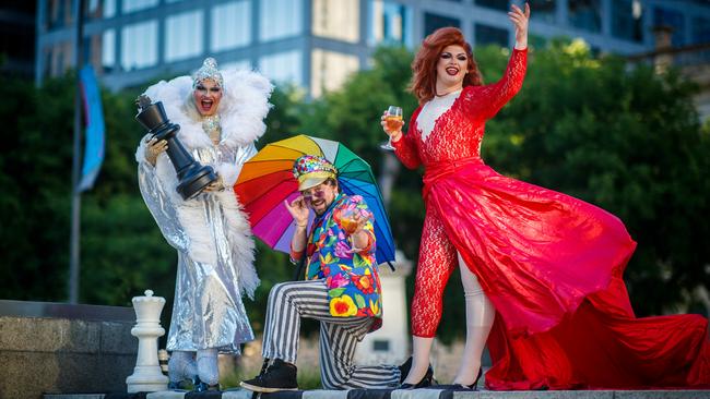 Kristina International, Chad Baker – aka Mister Firewood – and Frankee the Queen in Victoria Square, ready for Feast Festival. Picture: Matt Turner