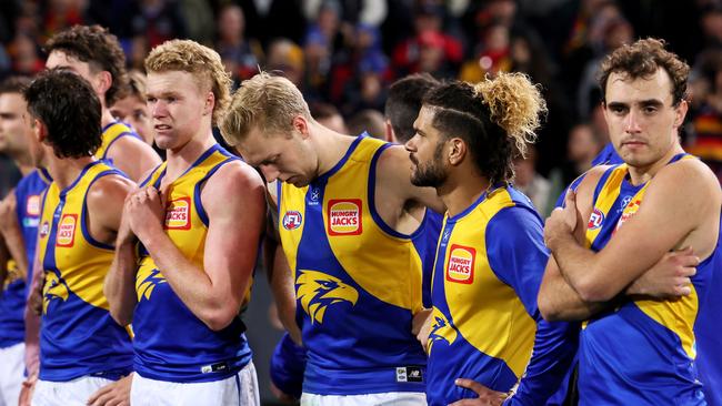 ADELAIDE, AUSTRALIA - JUNE 10: The Eagles after their loss during the 2023 AFL Round 13 match between the Adelaide Crows and the West Coast Eagles at Adelaide Oval on June 10, 2023 in Adelaide, Australia. (Photo by James Elsby/AFL Photos via Getty Images)