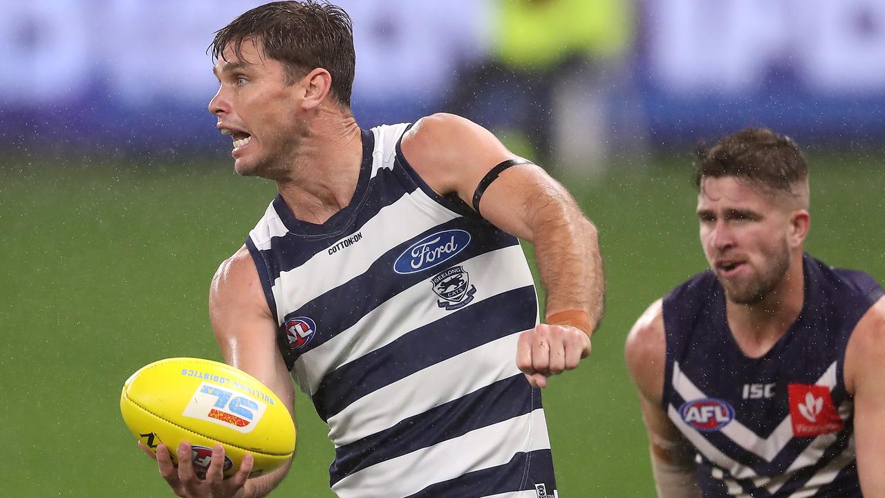 Tom Hawkins copped two weeks for elbowing Docker Luke Ryan. Picture: Getty Images