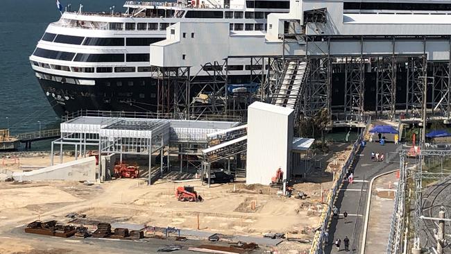 Holland America Line cruise ship MS Maasdam docked in Gladstone on November 19, 2019. Also pictured is construction site of East Shores stage 1B.