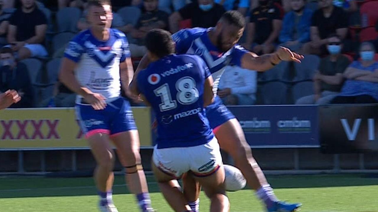 Sione Katoa was lucky to escape the sin bin for a shot on Edward Kosi.