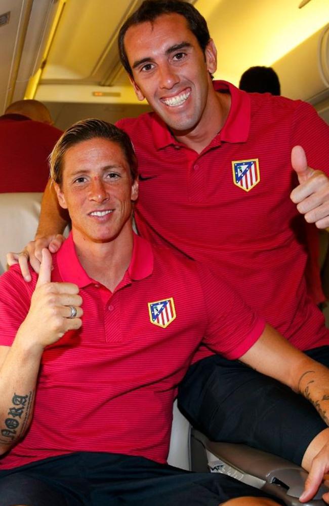 Fernando Torres and Diego Godin give the thumbs up on the plane to Melbourne. Picture: Twitter