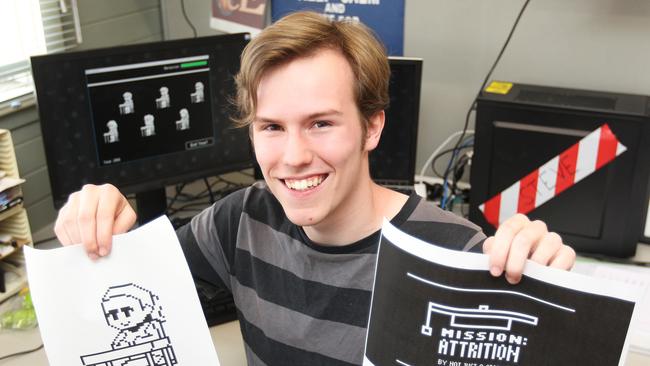 <s1>Nathaniel Bott, one of the high achievers at this year's national GovHack competition with images from his team's game.</s1>                        <source> Picture: BRUCE MOUNSTER</source>