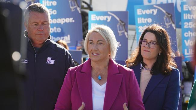 Liberals Mal Hingston, Susie Bower, and Claire Chandler speak to the media at Launceston Airport on Friday, May 2, 2025.