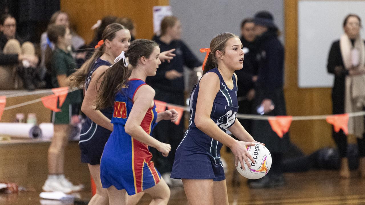 Milla Fitzpatrick of St Ursula's Junior B against Downlands Junior B in Merici-Chevalier Cup netball at Salo Centre, Friday, July 19, 2024. Picture: Kevin Farmer