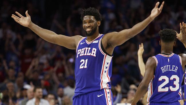 Joel Embiid gets the Philadelphia crowd pumped. Picture: AP