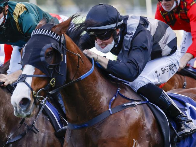 SYDNEY, AUSTRALIA - JULY 31: Tom Sherry on Sixgun wins race 8 the Precise Air Handicap during Sydney Racing at Royal Randwick Racecourse on July 31, 2021 in Sydney, Australia. (Photo by Mark Evans/Getty Images)