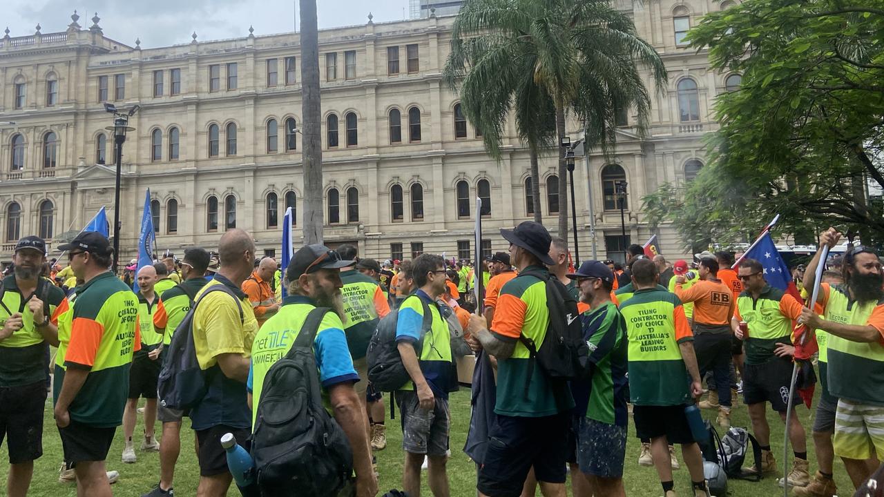 A CFMEU protest in the wake of a tragic worker death has shut down Brisbane’s CBD.