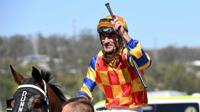 WINNING SALUTE: Jockey Robbie Fradd enjoys his win aboard The Fire Trap at Ipswich racetrack. Picture: Rob Williams