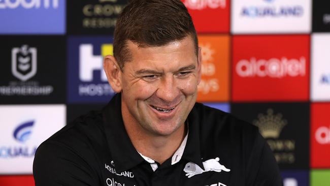 SYDNEY, AUSTRALIA - AUGUST 07:  Rabbitohs assistant coach Jason Demetriou speaks to the media at a press conference following the round 13 NRL match between the South Sydney Rabbitohs and the Brisbane Broncos at ANZ Stadium on August 07, 2020 in Sydney, Australia. (Photo by Mark Kolbe/Getty Images)