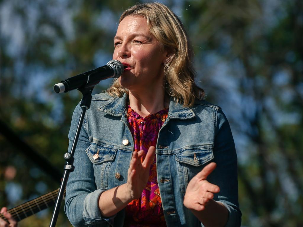 Children’s performer Justine Clarke, pictured at the recent Barunga Festival, which celebrates culture, sport and history, is an ILF ambassador and co-wrote this year’s Busking for Change anthem with Pyke and Deborah Cheetham. Picture: NCA NewsWire/Glenn Campbell