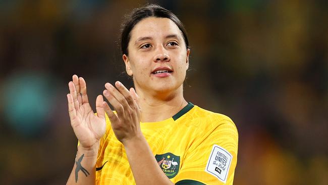 SYDNEY, AUSTRALIA - AUGUST 07: Sam Kerr of Australia applauds fans after her teamÃ¢â&#130;¬â&#132;¢s 2-0 victory and advance to the quarter final following the FIFA Women's World Cup Australia &amp; New Zealand 2023 Round of 16 match between Australia and Denmark at Stadium Australia on August 07, 2023 in Sydney, Australia. (Photo by Brendon Thorne/Getty Images )