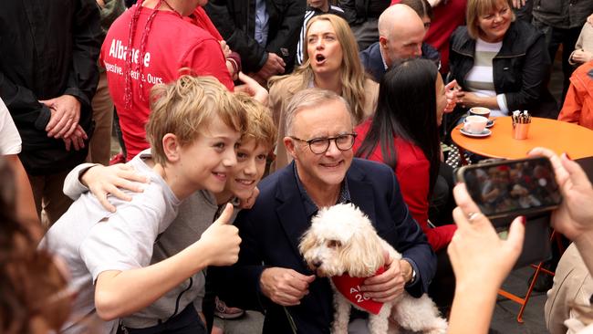 Prime Minister Anthony Albanese surrounded by wellwishers on Sunday. Picture: Chris Pavlich for The Australian