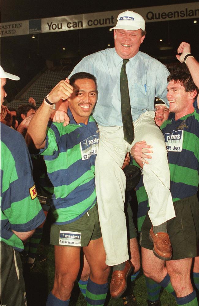 Tony D'Arcy carried from the field after the GPS upset win over Souths in 1996.