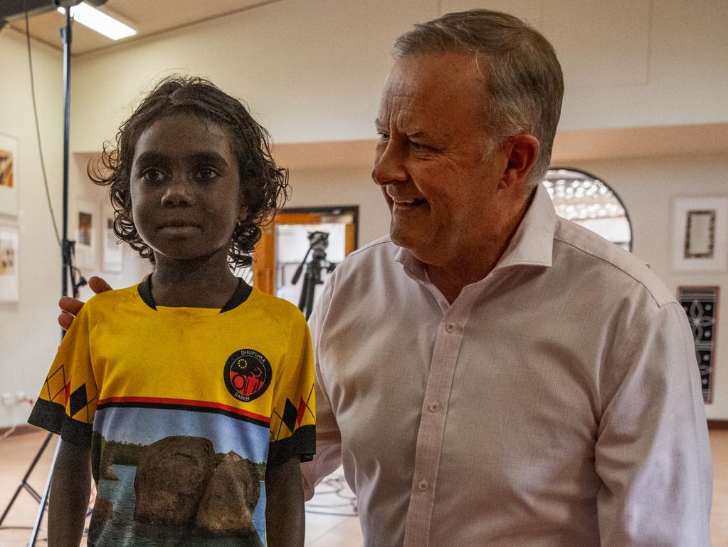 PM Anthony Albanese and a Dhupuma school during the Garma Festival 2023. Picture: Getty Images