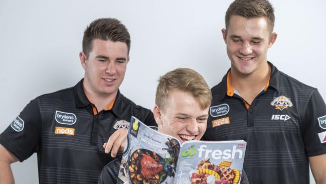 West Tigers development players Jock Madden, Reece Hoffman and Jake Simpkin share a house and a NRL dream. Pic: AAP/Matthew Vasilescu.