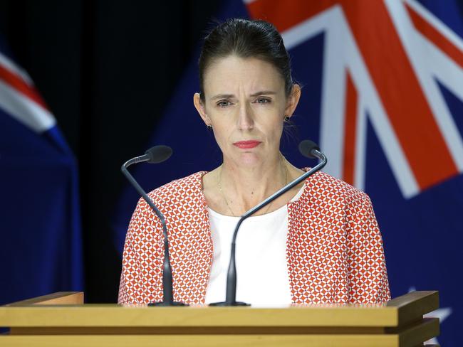 NZ Prime Minister Jacinda Ardern announces that New Zealand will be moving to the red traffic light setting after nine cases reported in Nelson/ Marlborough region. Picture: Getty Images