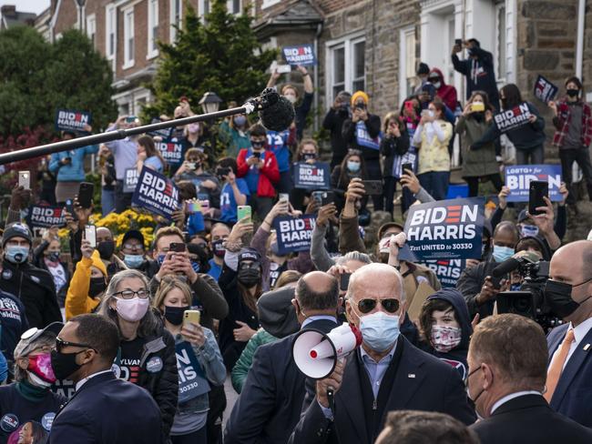 Democratic presidential nominee Joe Biden rallies supporters in the West Oak Lane neighbourhood of Philadelphia on election day. Picture: Drew Angerer/Getty Images/AFP