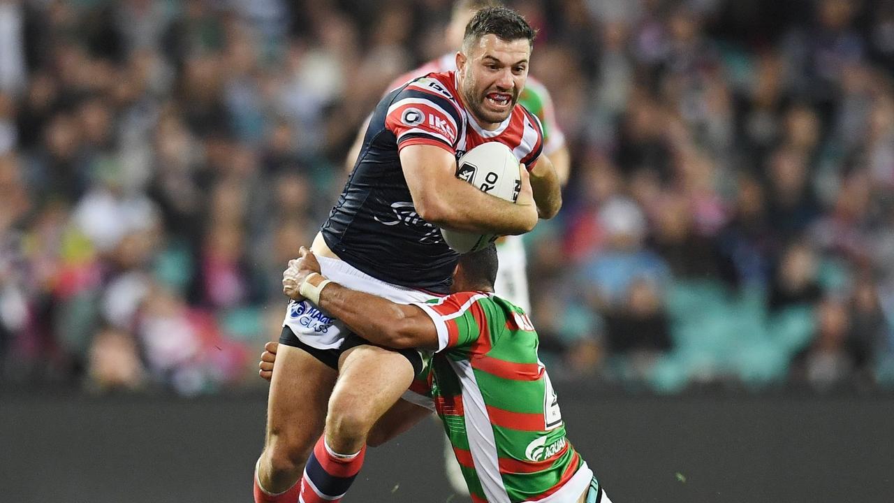 James Tedesco on the fly for the Roosters against the Rabbitohs.