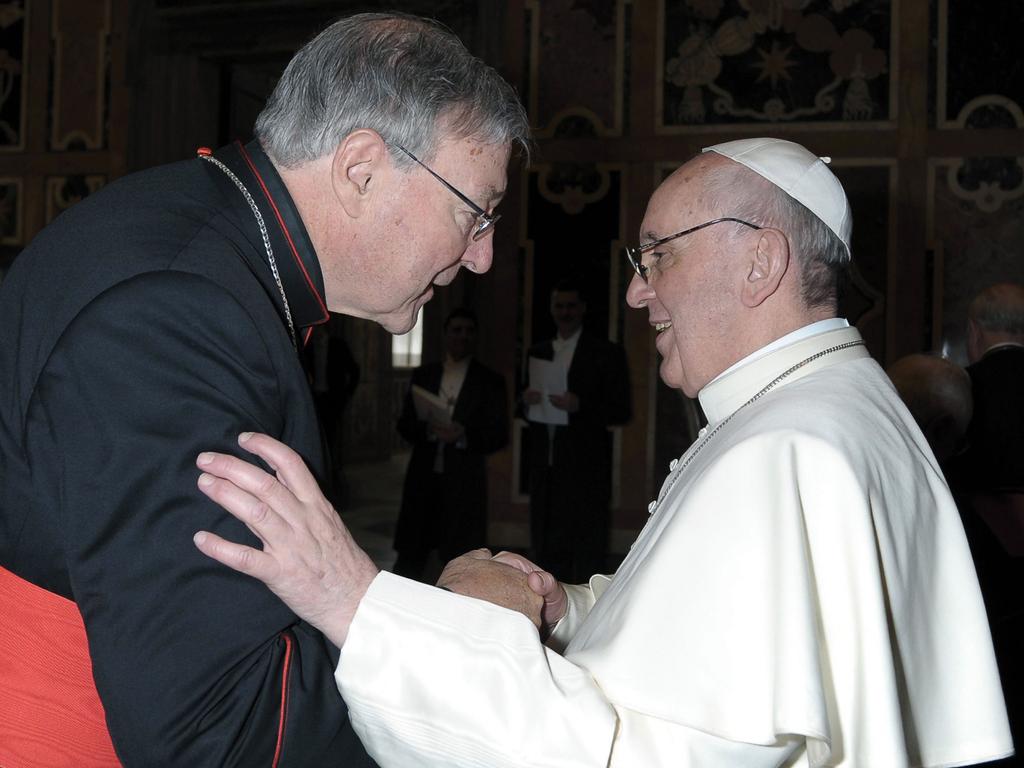 Cardinal George Pell meets with Pope Francis during the Pope’s Audience with Cardinals on 15th March 2013.