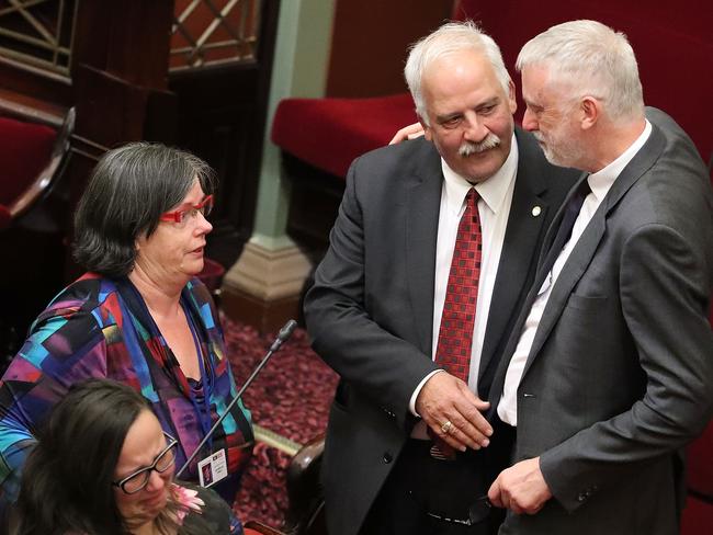 MPs react after the Upper House voted to pass historic euthanasia laws after a marathon 28-hour special sitting. Picture: Scott Barbour/Getty Images