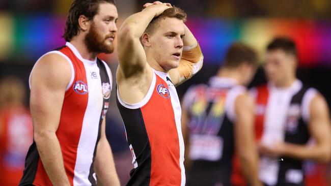 Jack Lonie and Jack Steven after St Kilda’s huge loss to Sydney. Picture: Michael Klein