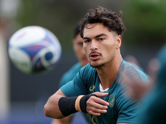 SAINT-ETIENNE, FRANCE - SEPTEMBER 21: Jordan Petaia passes during a Wallabies training session ahead of the Rugby World Cup France 2023, at Stade Roger Baudras on September 21, 2023 in Saint-Etienne, France. (Photo by Chris Hyde/Getty Images)