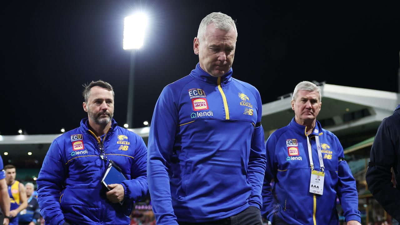 Eagles head coach Adam Simpson walks from the field. Picture: Mark Metcalfe/AFL Photos/via Getty Images