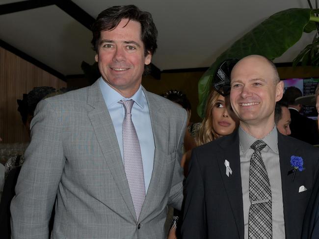AFL CEO Gillon McLachlan and Myer CEO Richard Umber arrive at the Myer Marquee at the Birdcage. Picture: Tracey Nearmy, AAP Image.