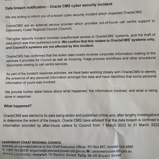 A letter from Cassowary Coast Regional Council to residents advising of a 2022 data breach linked to its after-hours provider Oracle CMS.