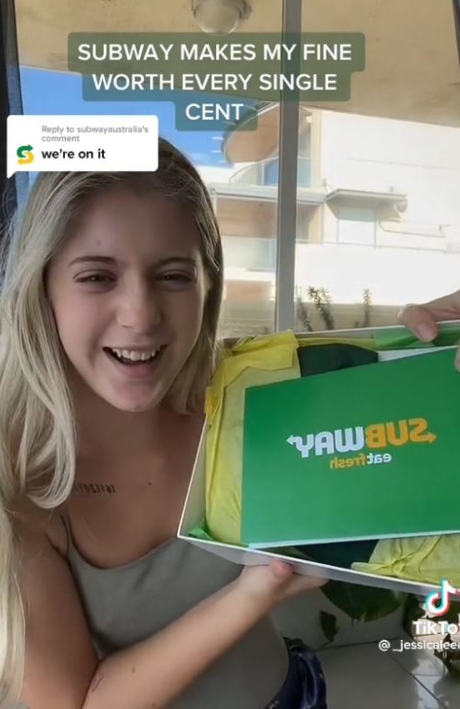 She said the ‘fine was worth every cent’ following Subway’s kind act. Picture: TikTok/_jessicaleeee