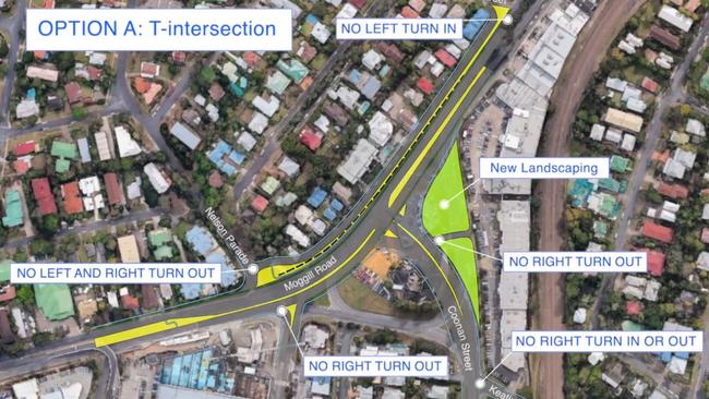 Option A, T-intersection, overhead view. Brisbane City Council has released two design options to upgrade Indooroopilly roundabout.
