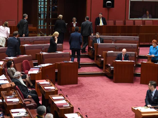 Greens senators walk out as One Nation leader Senator Pauline Hanson makes her first speech in the Senate at Parliament House in Canberra. Picture: AAP / Mick Tsikas