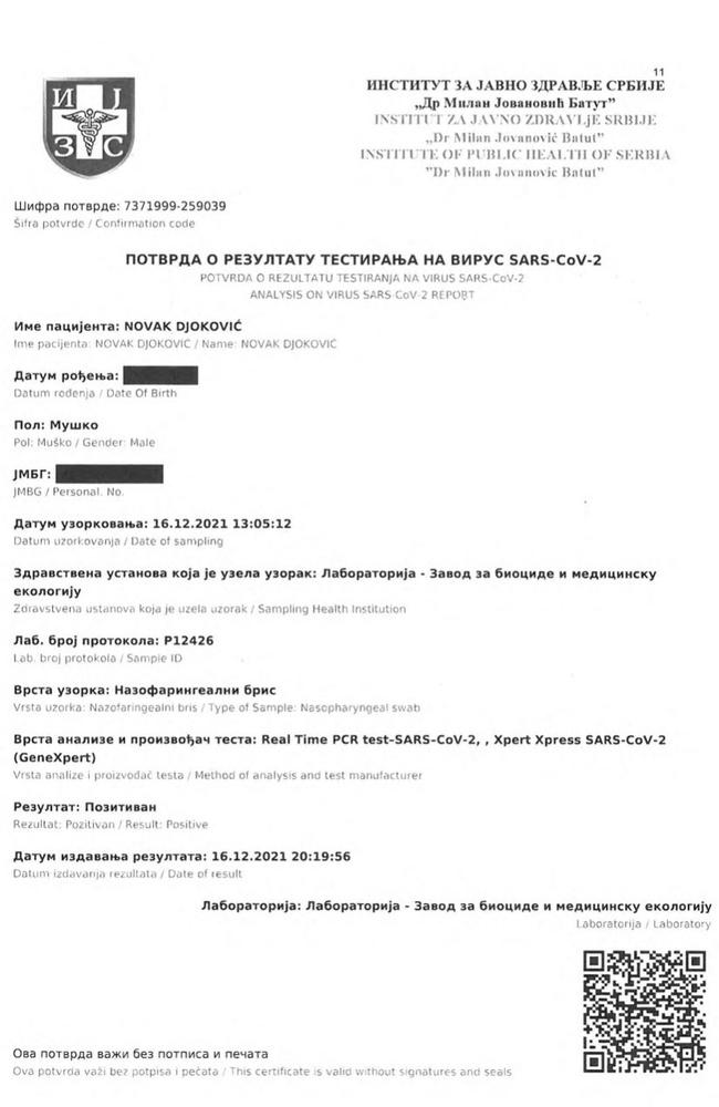 This is the document that says Djokovic tested positive on December 16.