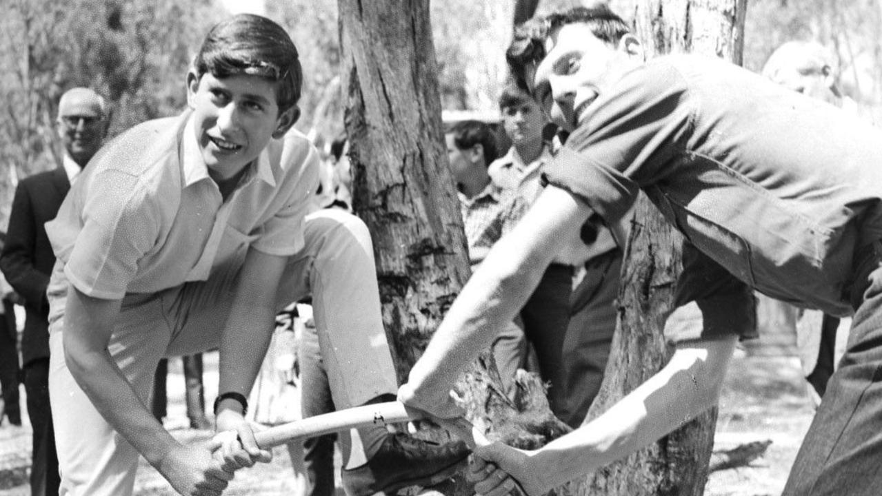 King Charles gets a helping hand from Stewart McGregor at Geelong Grammar's Timbertop campus in 1966.